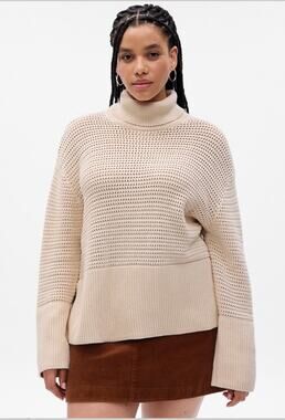 GAP 24/7 Split-Hem Crochet Sweater Turtleneck in Chino Beige 100% Cotton XS